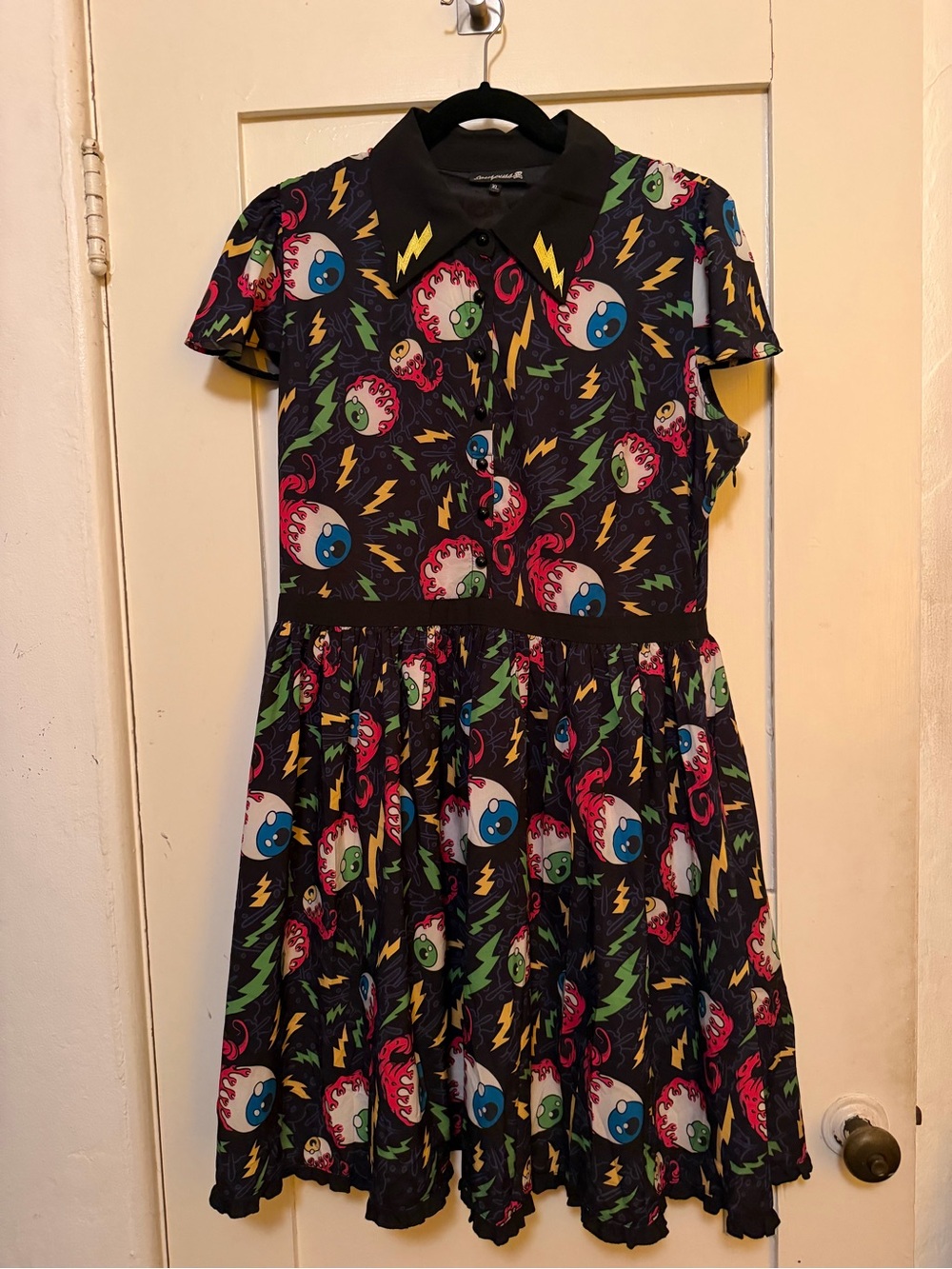 Sourpuss Black Retro Lightning & Eyeball Print Fit-and-Flare Dress